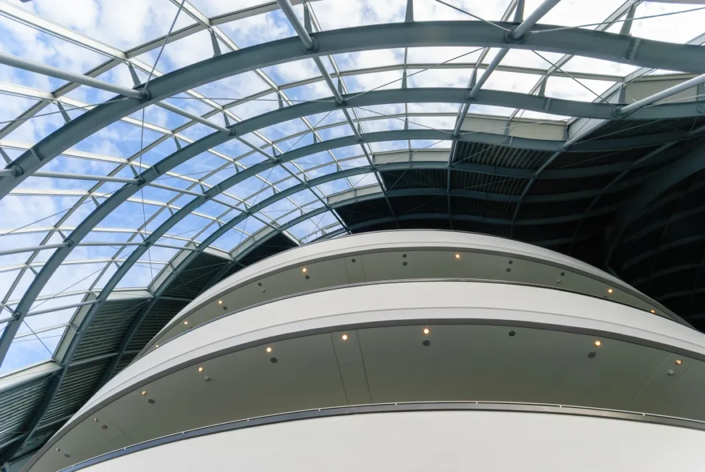 Interior of the Sage Gateshead, looking up through the curved glazed roof