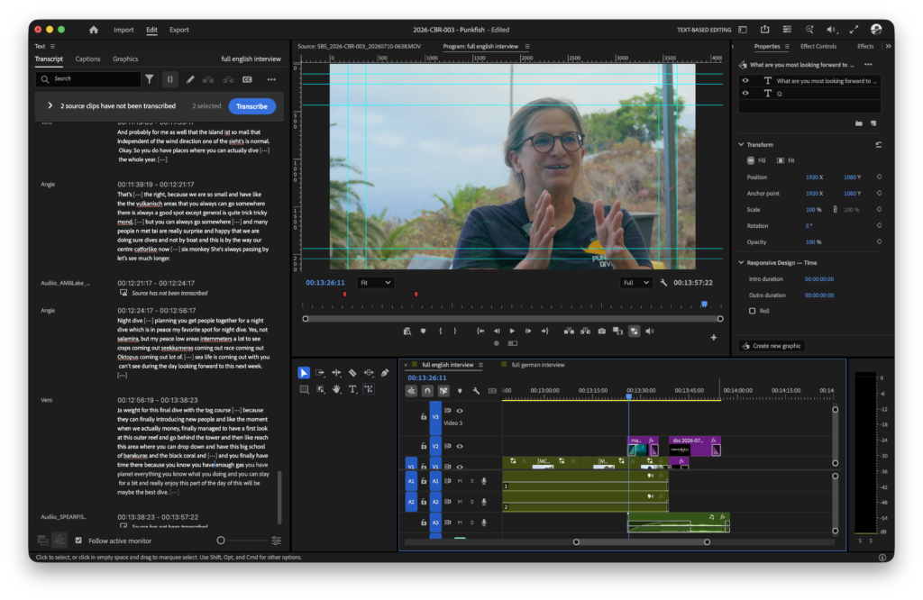 A screenshot showing Adobe Premiere's Text-Based Editing layout.